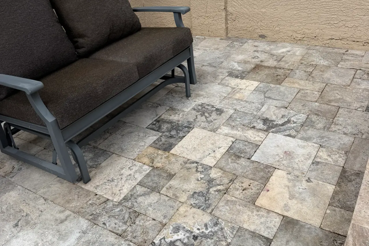 Freshly cleaned travertine pool deck and patio with firepit in the East Valley